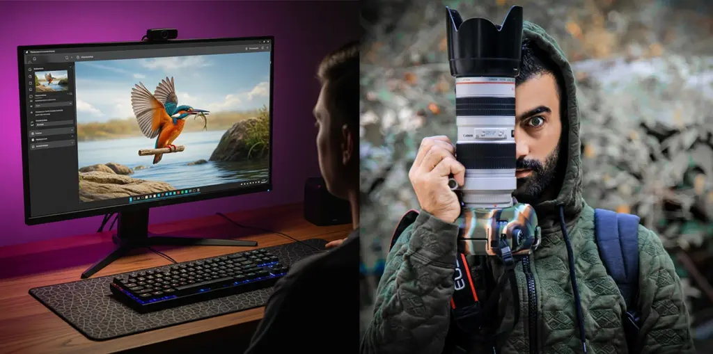 A split image comparing a human photographer with a camera to an artificial intelligence network generating a picture.