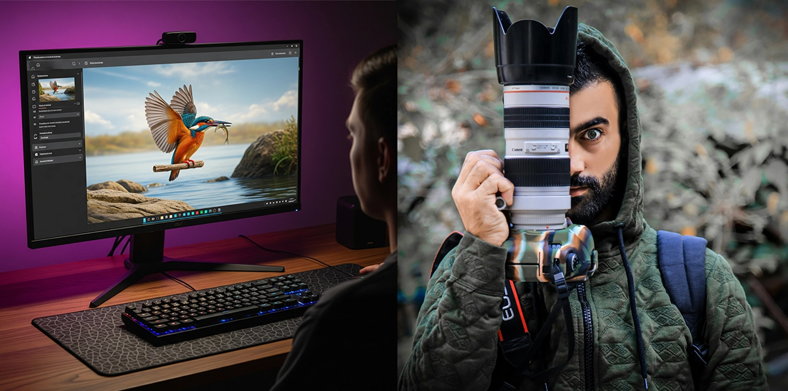 A split image comparing a human photographer with a camera to an artificial intelligence network generating a picture.