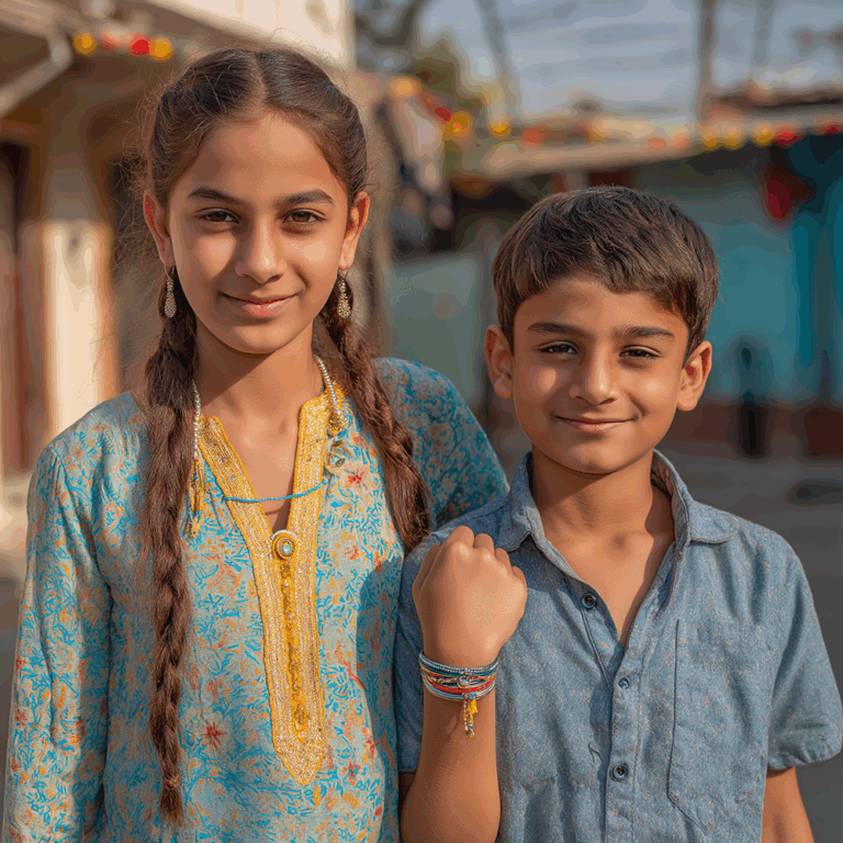 A heartwarming portrait of a young Indian girl with her arm around her younger brother, both smiling warmly at the camera on a village street in India.