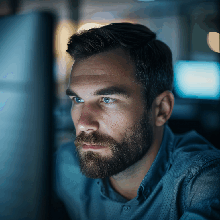 An authentic, unposed closeup of a male office worker in his 30s, concentrating on his computer screen under standard office fluorescent lighting.