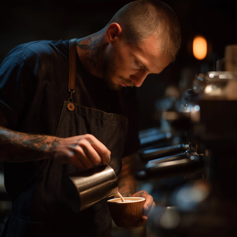 A candid, unpolished closeup of a young male barista with tattoos, carefully pouring steamed milk to create latte art in a cozy cafe.