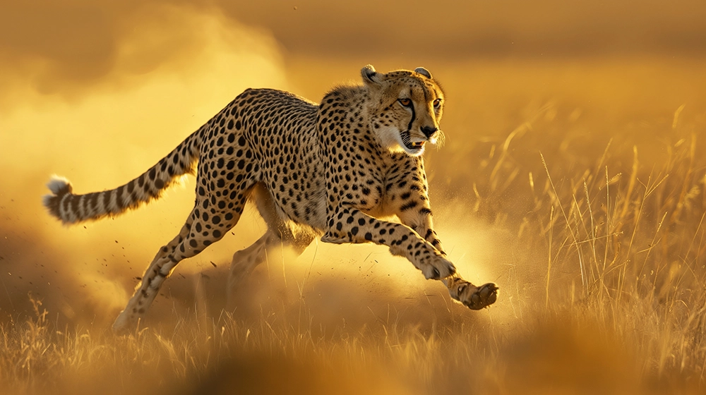 A cheetah is captured mid-stride while running at high speed across a dry, grassy savanna, with its body fully extended.