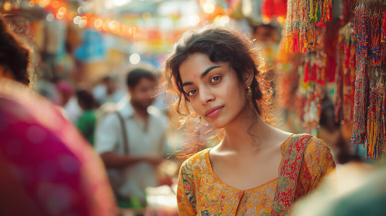 A beautiful young Indian woman with curly hair, backlit by the sun, looks at the camera in a bustling and colorful outdoor Indian market.