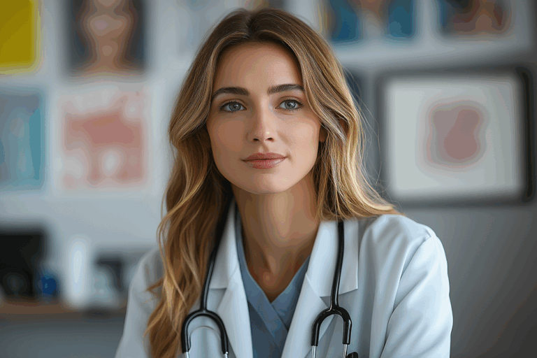 A portrait of a professional female doctor with a stethoscope, wearing a white lab coat and looking directly at the camera with a reassuring expression.