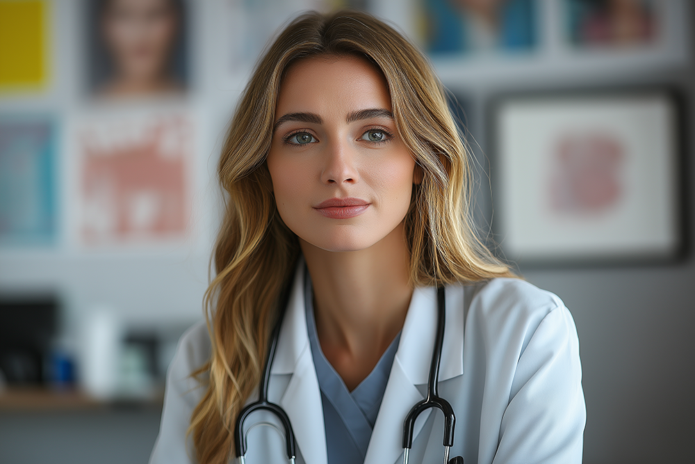 A portrait of a professional female doctor with a stethoscope, wearing a white lab coat and looking directly at the camera with a reassuring expression.