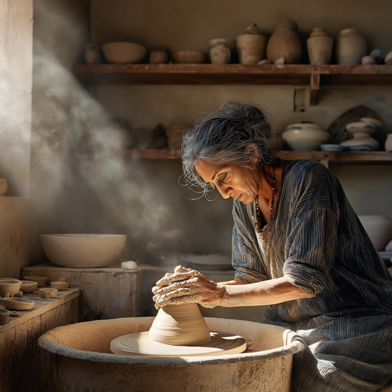 An unposed, natural light portrait of a mature female potter of East Asian descent, with hands covered in clay, focused on shaping a pot on a wheel.