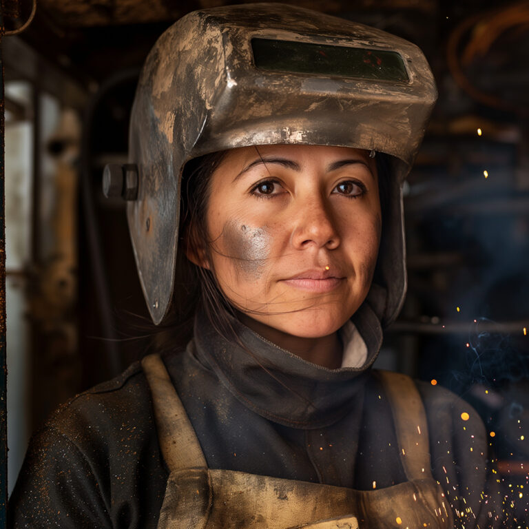 A gritty, closeup portrait of a focused female welder with her helmet visor up, illuminated by the bright light of her torch in a workshop.