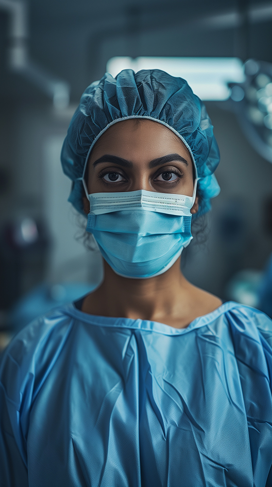 This powerful closeup portrait captures the intensity and dedication of a medical surgeon. A woman of Indian descent, in her 40s, is presented in full surgical attire—scrubs, cap, and a mask pulled down below her chin. Her gaze is direct and unwavering, conveying a profound sense of confidence, knowledge, and responsibility. The clean, bright lighting, reminiscent of an operating theater, sculpts her features and highlights the sterile environment she commands. This image is perfect for medical journals, hospital websites, healthcare articles, and campaigns centered on medical expertise, trust in healthcare professionals, and women in STEM. It speaks volumes about skill, focus, and the critical nature of the surgical profession.