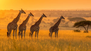 Four giraffes stand in tall, golden grass on the African savanna during a vibrant orange sunset, with an acacia tree in the distance.