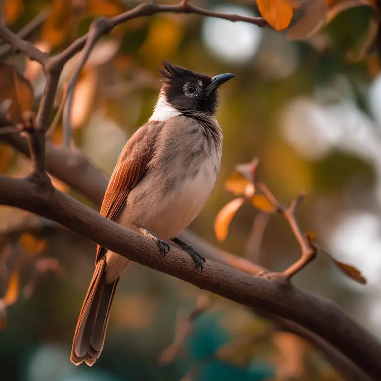 A Himalayan Bulbul, a brown bird with a pointed black crest and a large white patch on its cheek, is perched on a branch with orange autumn leaves in the background.