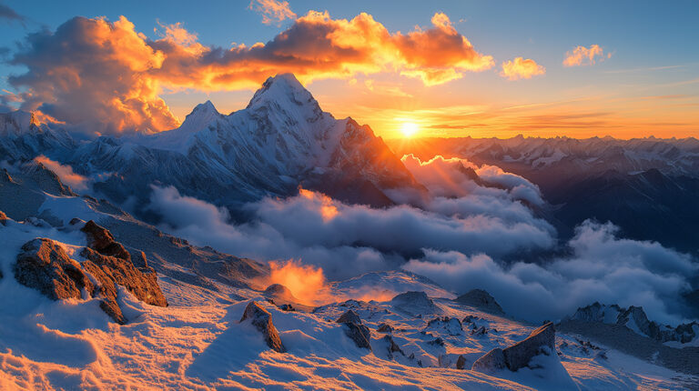 A breathtaking sunrise casts a golden and orange glow over the vast Himalayan mountain range, with layers of blue mountains and fog-filled valleys below.