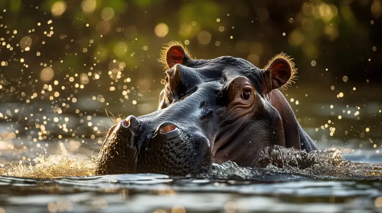 An artistic and beautiful close-up of a hippopotamus in the water, with sparkling sunlight creating a magical bokeh effect around its head.