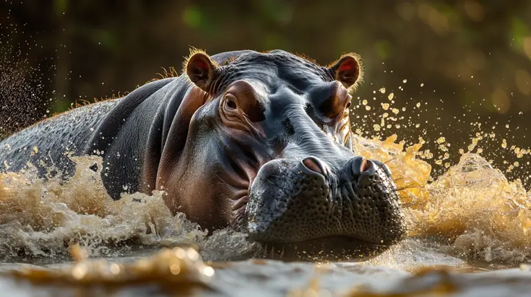 A large hippopotamus emerges from a murky river, splashing water around its head as it looks towards the camera.