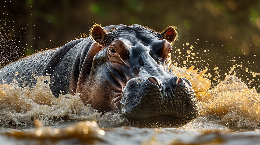 A large hippopotamus emerges from a murky river, splashing water around its head as it looks towards the camera.