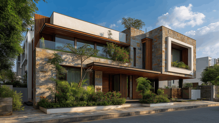 Modern Indian bungalow with green lawn and architectural detailing – horizontal view.
