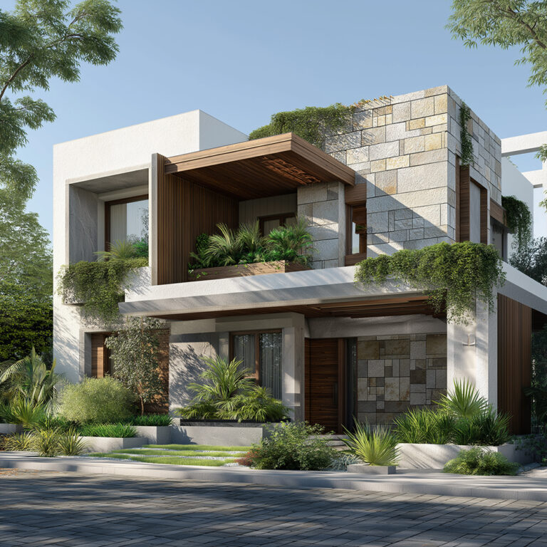 Square image of a modern Indian house with green landscape and clean front design.