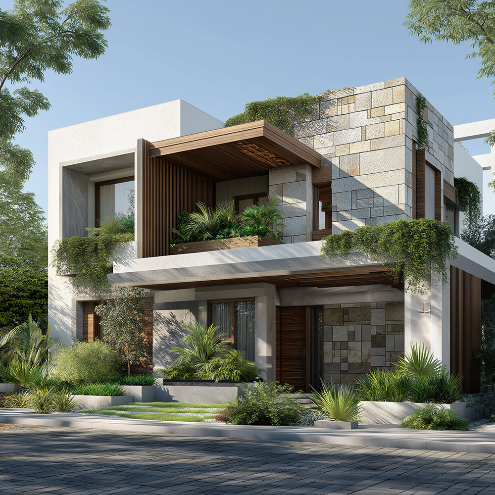 Square image of a modern Indian house with green landscape and clean front design.
