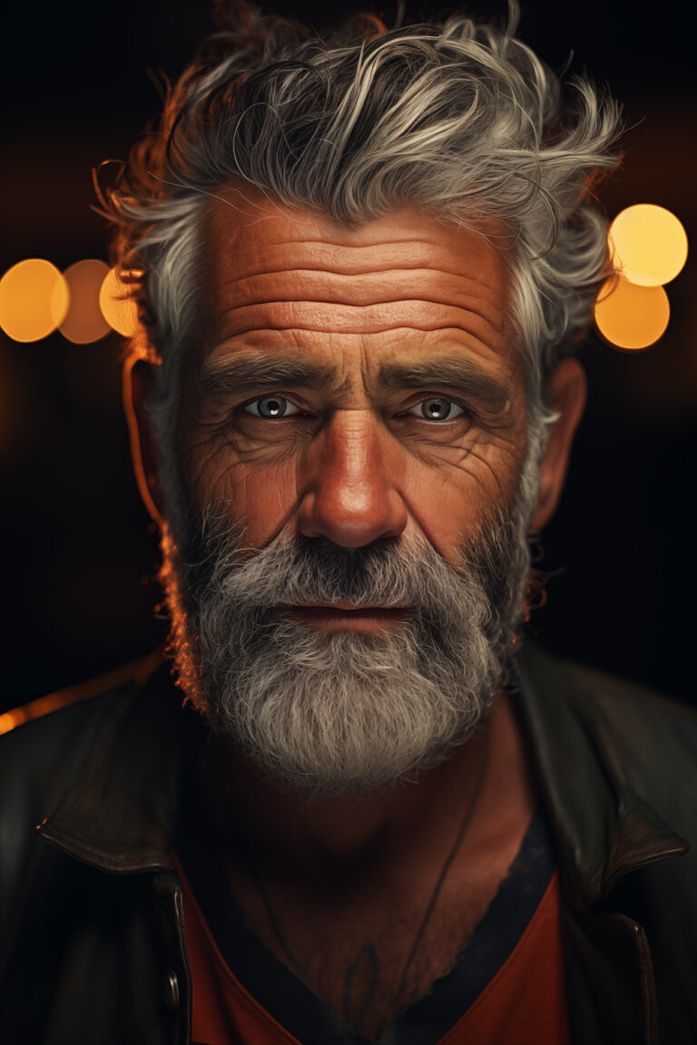 A dramatic, hyperrealistic close-up portrait of an older man with grey hair and a full beard, looking intensely at the camera with blurred city lights in the background.