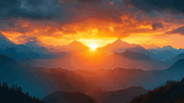 A dramatic and intense sunrise with the sun bursting between two dark mountain silhouettes, casting brilliant orange rays across a cloudy sky.