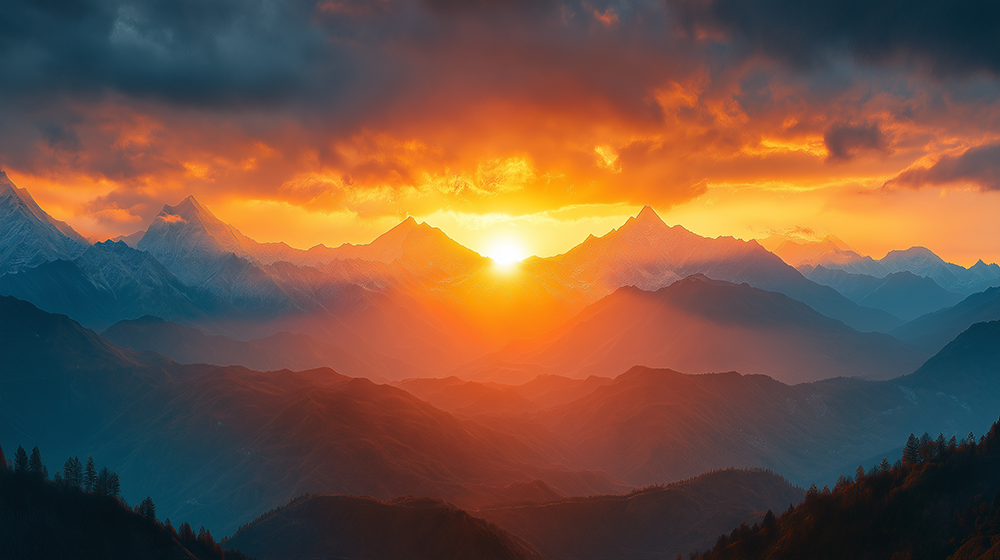 A dramatic and intense sunrise with the sun bursting between two dark mountain silhouettes, casting brilliant orange rays across a cloudy sky.