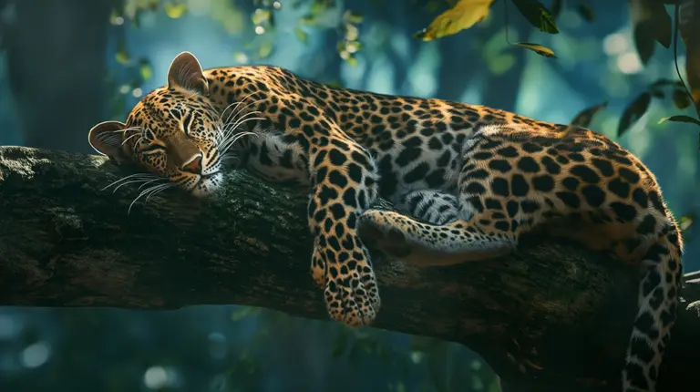A leopard with a spotted coat is sleeping on its side on a thick tree branch, with its paws dangling down, in a sun-dappled forest.