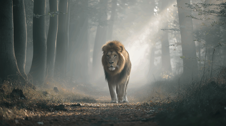 A majestic lion walking on a forest trail in the morning mist