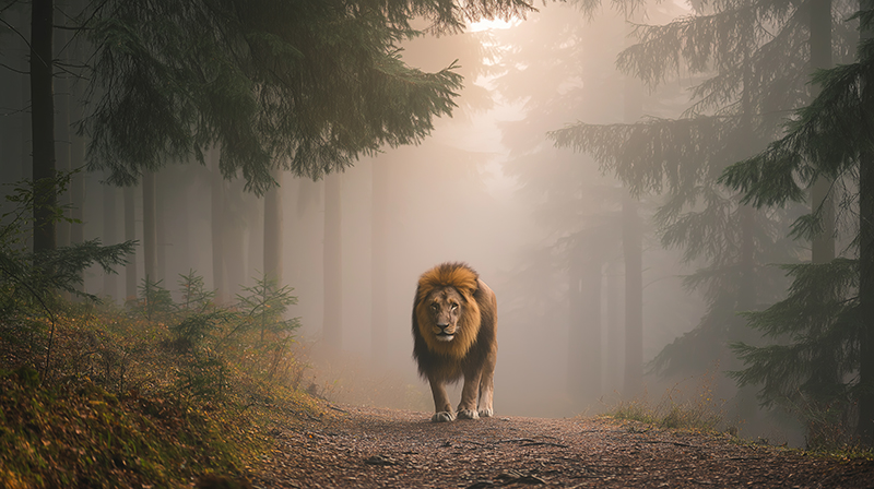 A lion walking through forest mist with golden sunlight streaming in