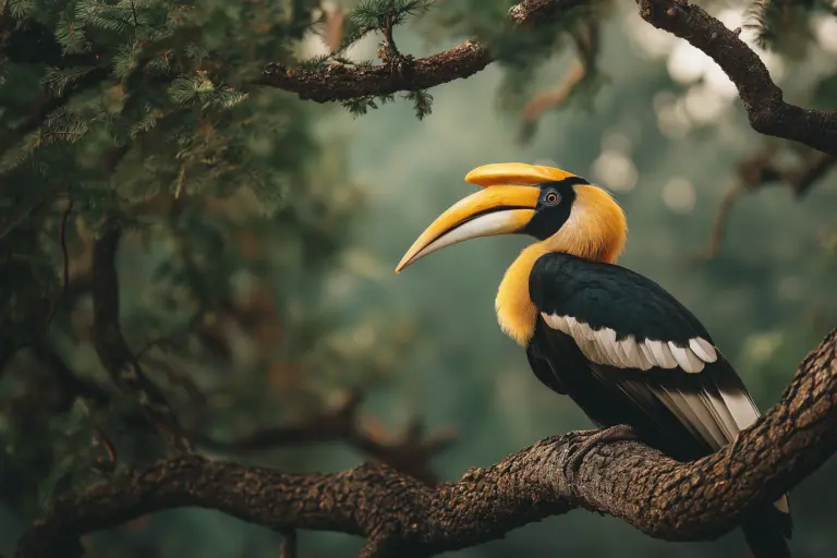 A side profile of a Great Hornbill perched on a thick, dark tree branch. The large bird has black and white feathers, a yellow neck, and a massive yellow beak with a casque on top.