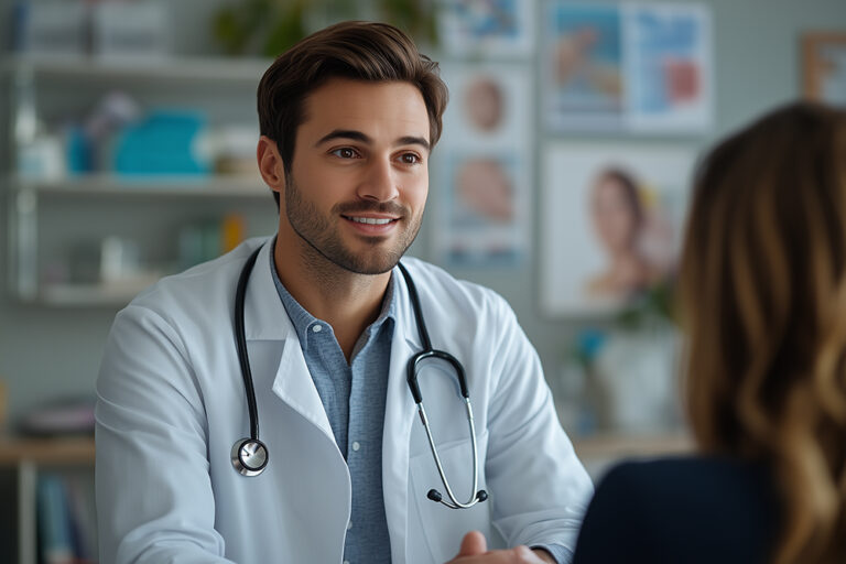 A friendly male doctor in a white coat with a stethoscope around his neck smiles as he listens attentively to a patient in his office.