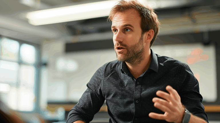 A candid, unpolished portrait of a male teacher in his 30s with an engaging expression, actively explaining a lesson in a classroom.