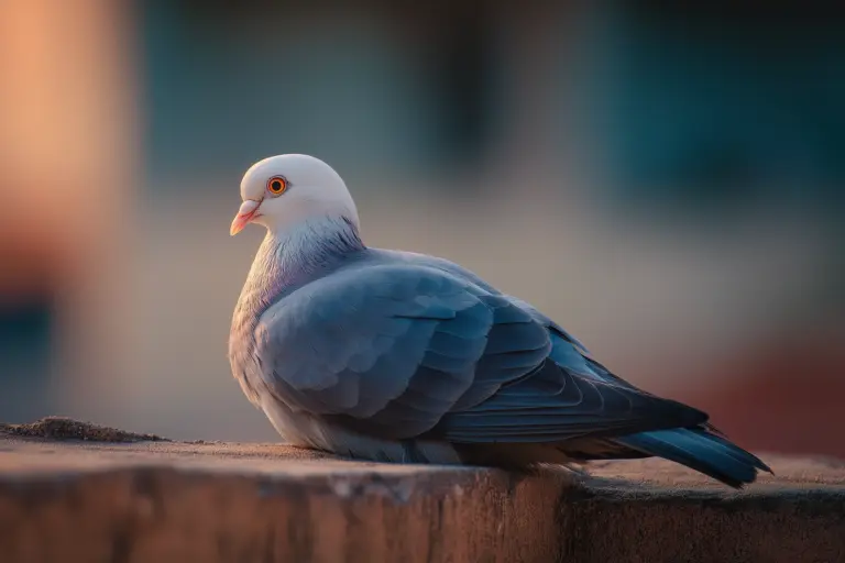 A grey pigeon with a white head and a bright orange eye is resting on a concrete ledge. The bird is lit from behind by the warm, golden light of the setting sun.