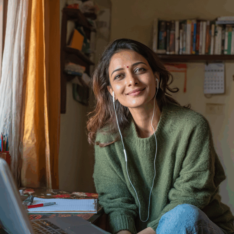 Indian female teacher in her early 30s with open straight hair and a small red bindi, wearing a green sweater and jeans, attending an online webinar at a desk in a middle-class Indian home.