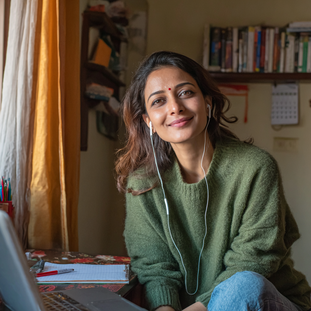 Indian female teacher in her early 30s with open straight hair and a small red bindi, wearing a green sweater and jeans, attending an online webinar at a desk in a middle-class Indian home.