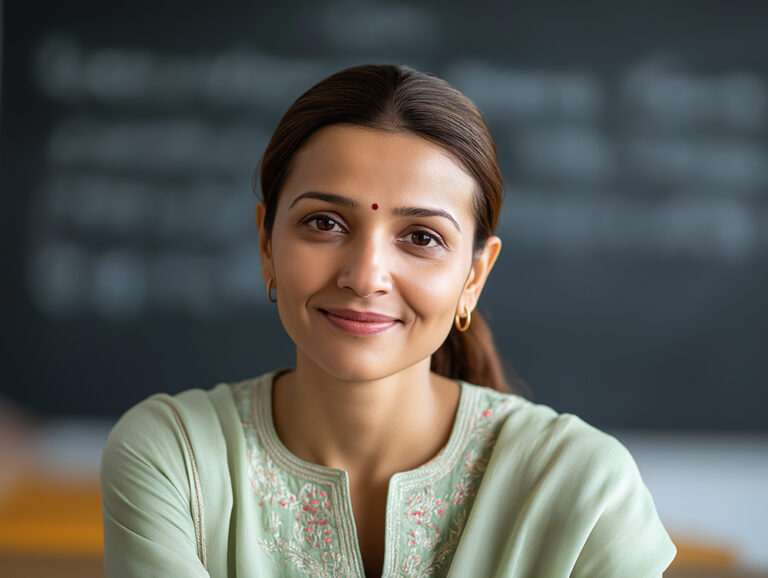 A close-up headshot of a smiling Indian female teacher wearing a light green salwar kameez and a bindi, posing in her classroom with a blackboard in the background.