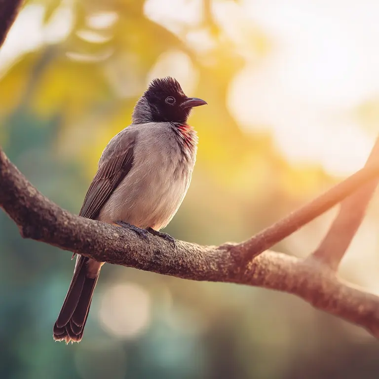 A Red-vented Bulbul, a brownish-grey bird with a black crested head, sits on a tree branch during sunrise, with a warm golden light glowing in the background.