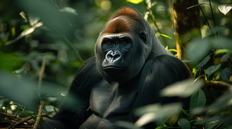 A large, male silverback gorilla is sitting in a jungle, looking directly at the camera with a serious and calm expression.