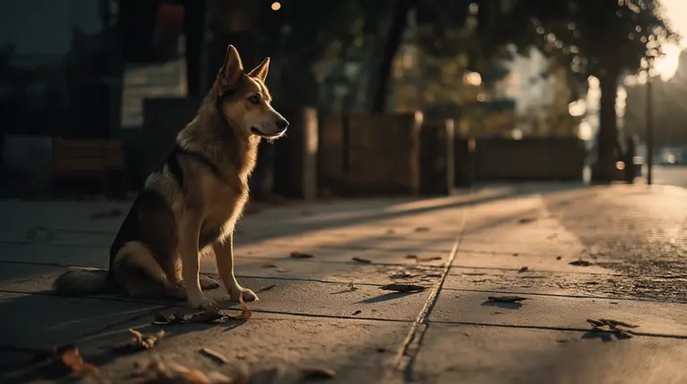 A medium-sized, mixed-breed dog sits in profile on a concrete sidewalk during golden hour, with a blurred city street in the background.