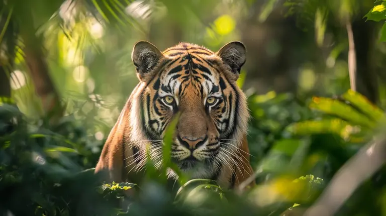 The face of a Bengal tiger is partially obscured by green jungle leaves, with its piercing eyes staring directly forward.