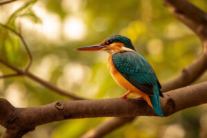 A small Common Kingfisher bird with bright turquoise-blue wings and an orange chest is perched sideways on a thick brown tree branch, looking to the left.