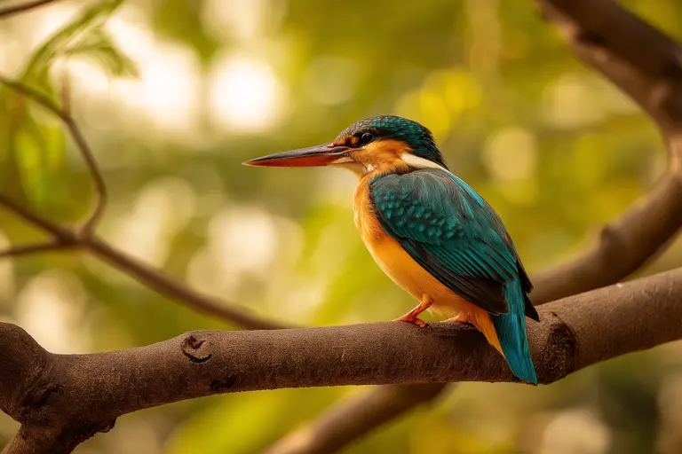 A small Common Kingfisher bird with bright turquoise-blue wings and an orange chest is perched sideways on a thick brown tree branch, looking to the left.