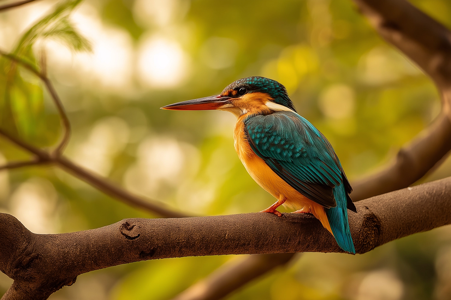 A small Common Kingfisher bird with bright turquoise-blue wings and an orange chest is perched sideways on a thick brown tree branch, looking to the left.