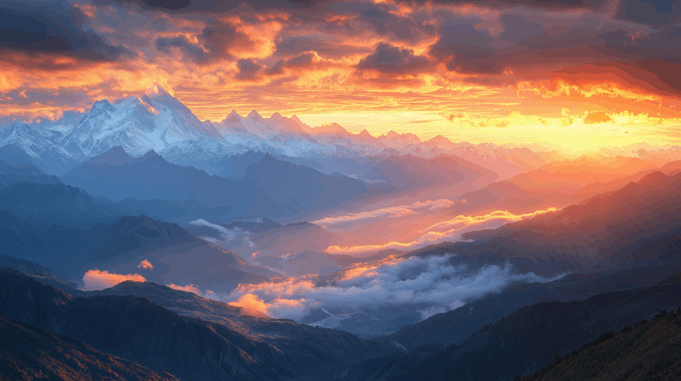 A breathtaking sunrise casts a golden and orange glow over the vast Himalayan mountain range, with layers of blue mountains and fog-filled valleys below.