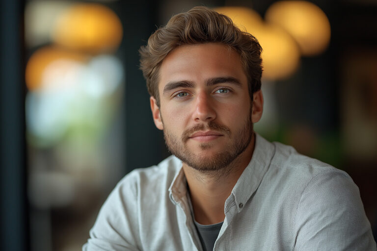 A professional headshot of a confident and handsome young man with light brown hair and a beard, looking directly into the camera in a softly lit setting.