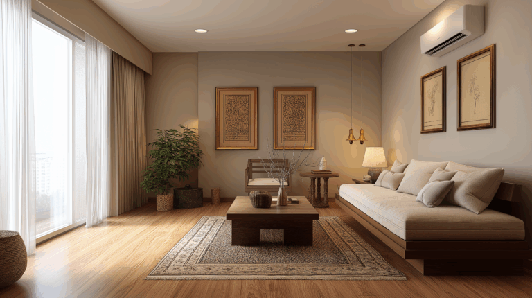 Modern Indian Living Room Interior with Wooden Furniture and Neutral Color Tones